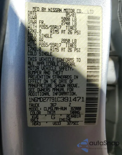 2001 Nissan Frontier Crew Cab Sc из США, поврежденный, VIN 1N6MD27T91C391471